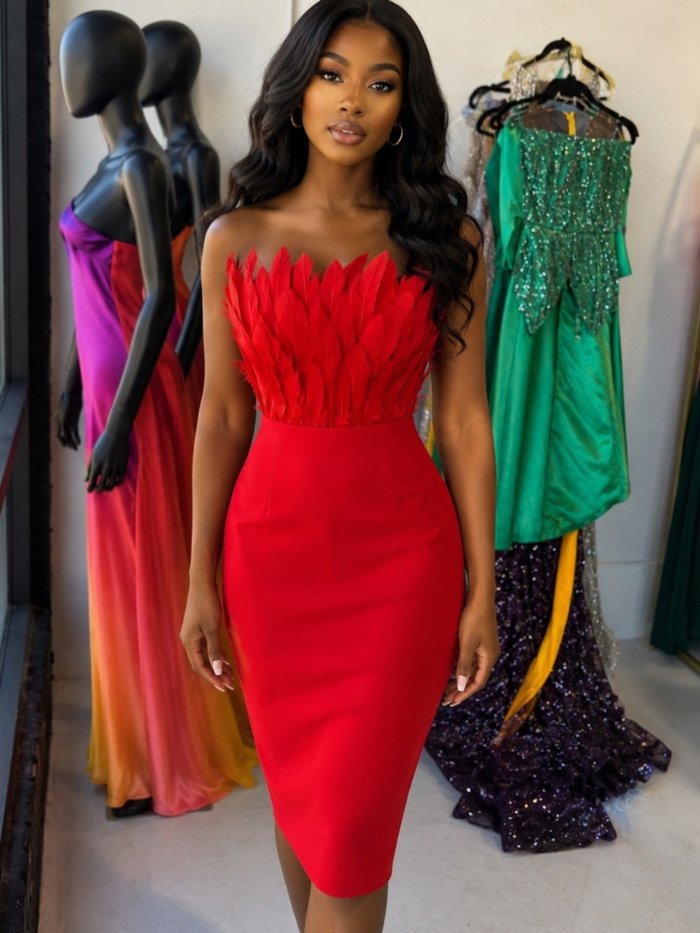Elegant Red feather Strapless bodycon Dress